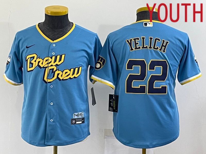 Cheap Youth Milwaukee Brewers 22 Yelich Blue City Edition Game Nike 2022 MLB Jersey